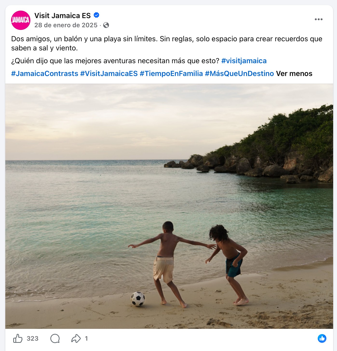 Visit Jamaica ES post — two friends playing football on the beach