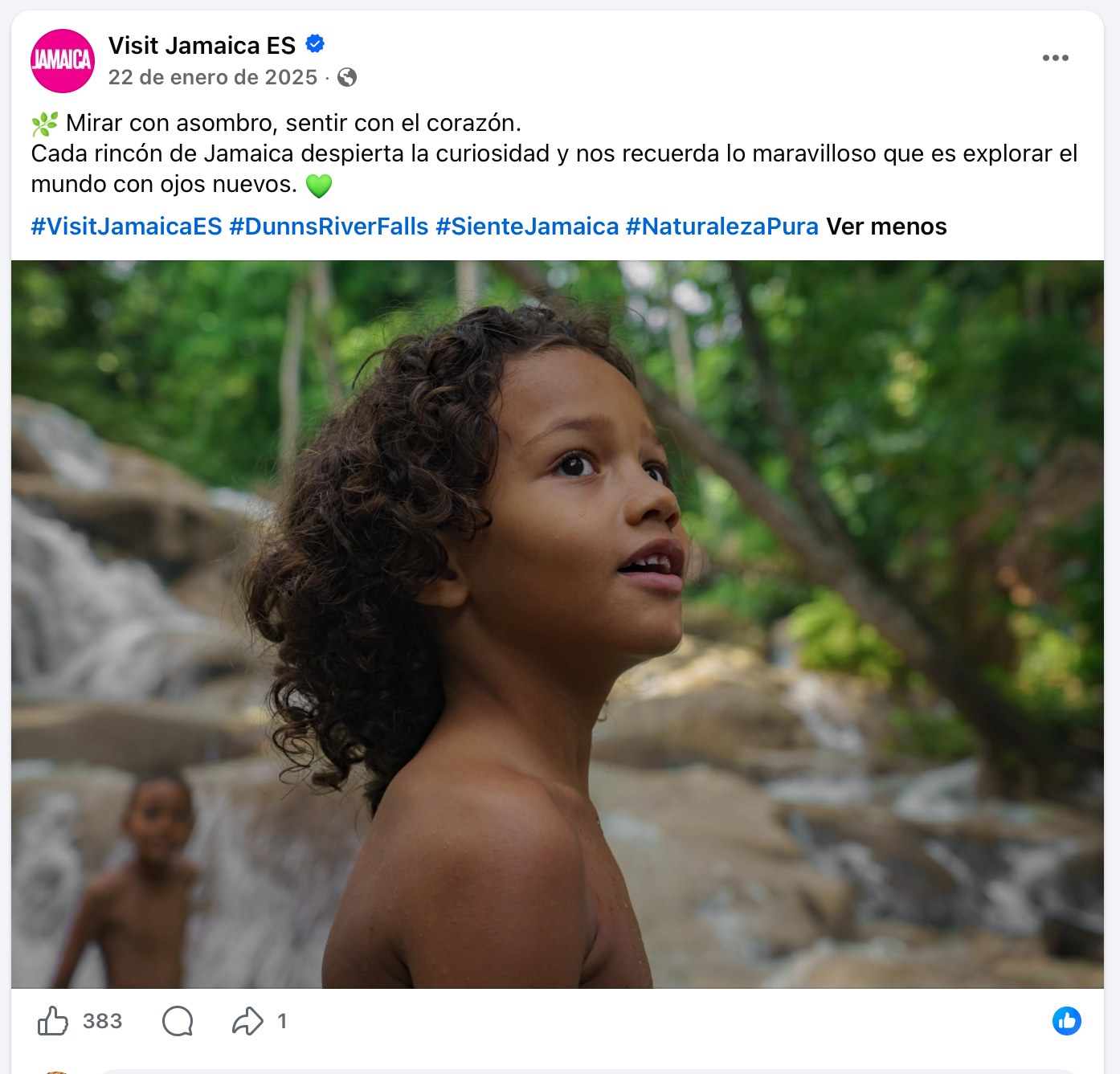 Visit Jamaica ES post — child at Dunn's River Falls