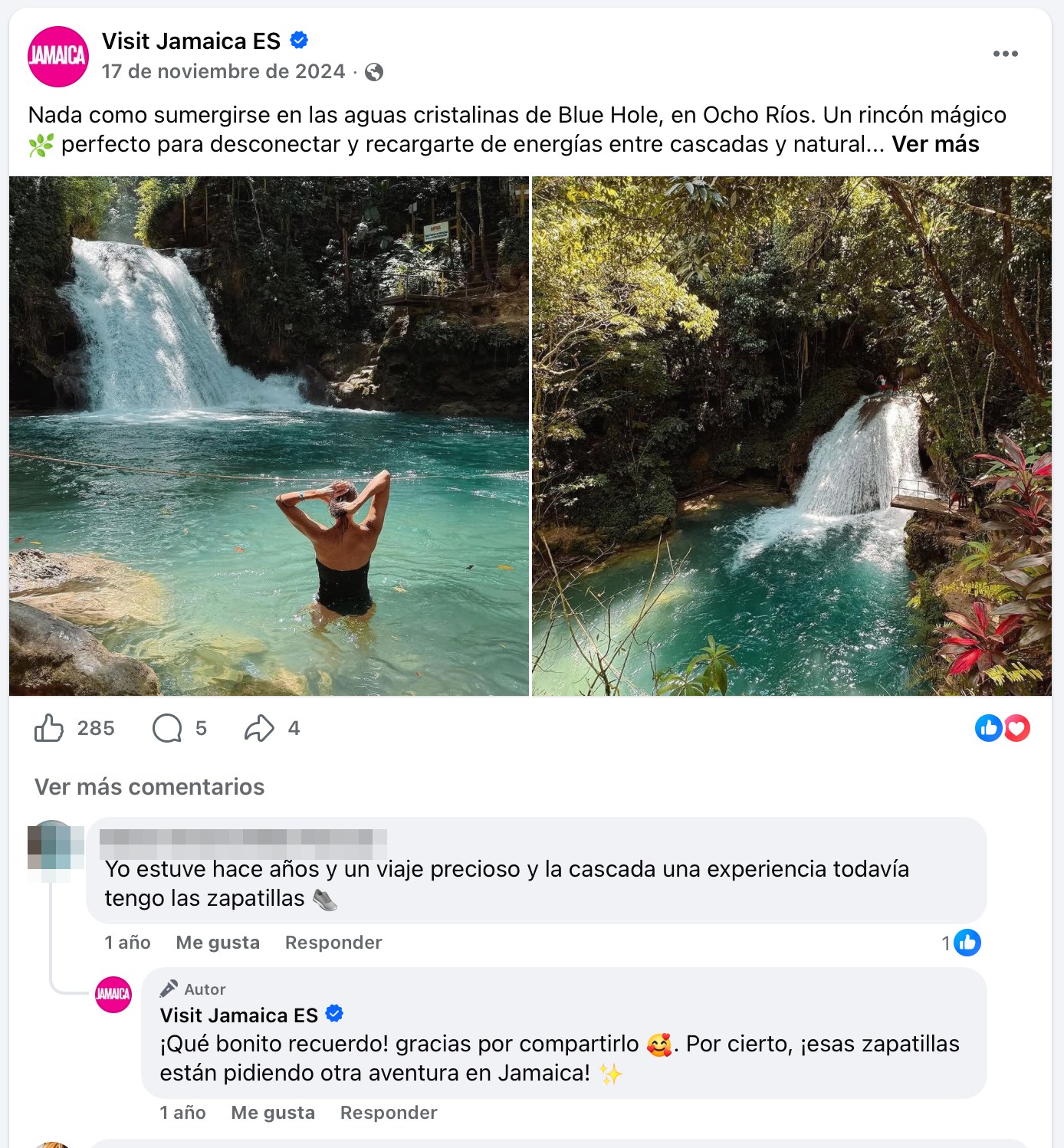 Visit Jamaica ES post — Blue Hole, Ocho Ríos, with community replies