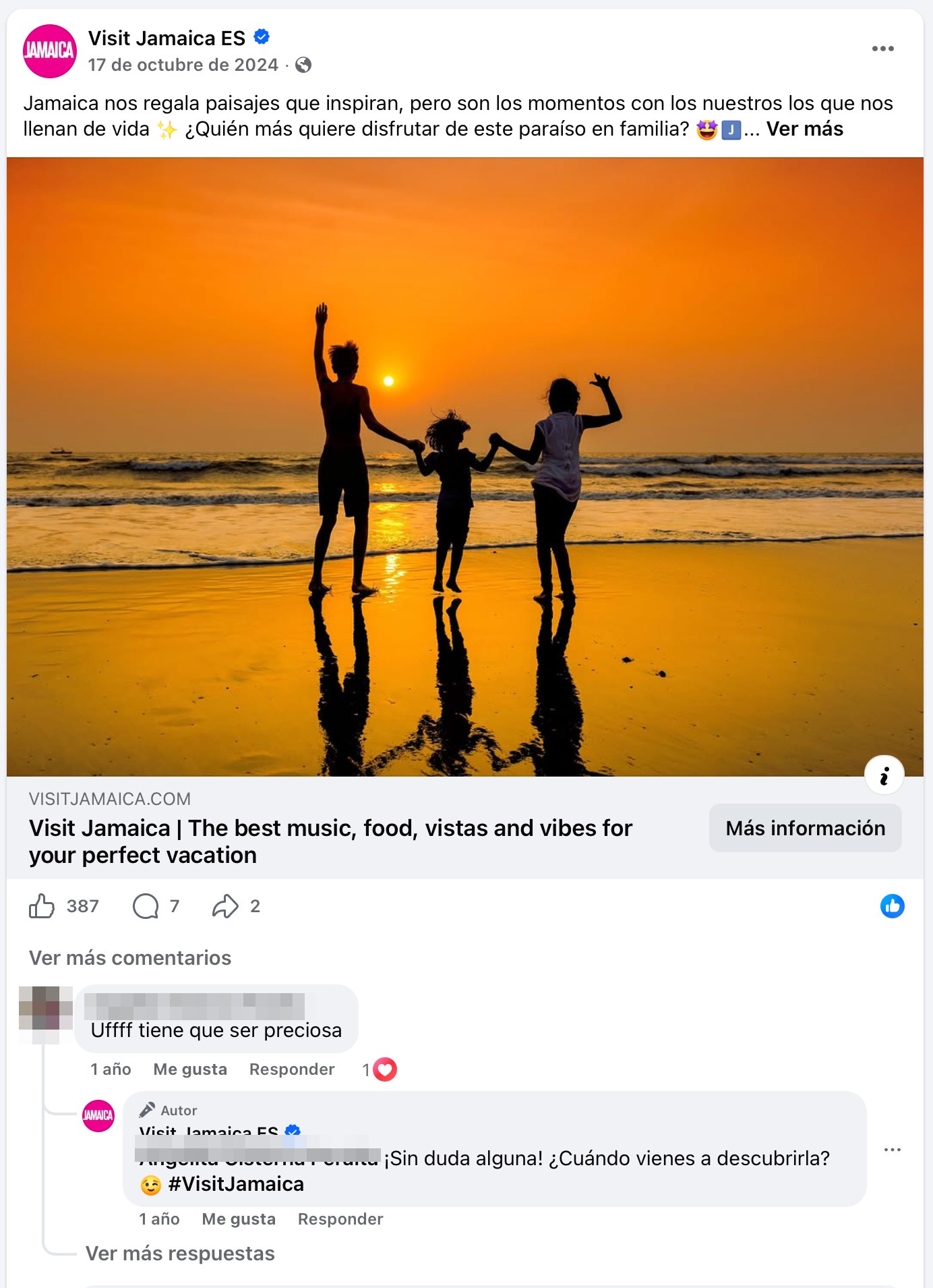 Visit Jamaica ES post — family at sunset on the beach
