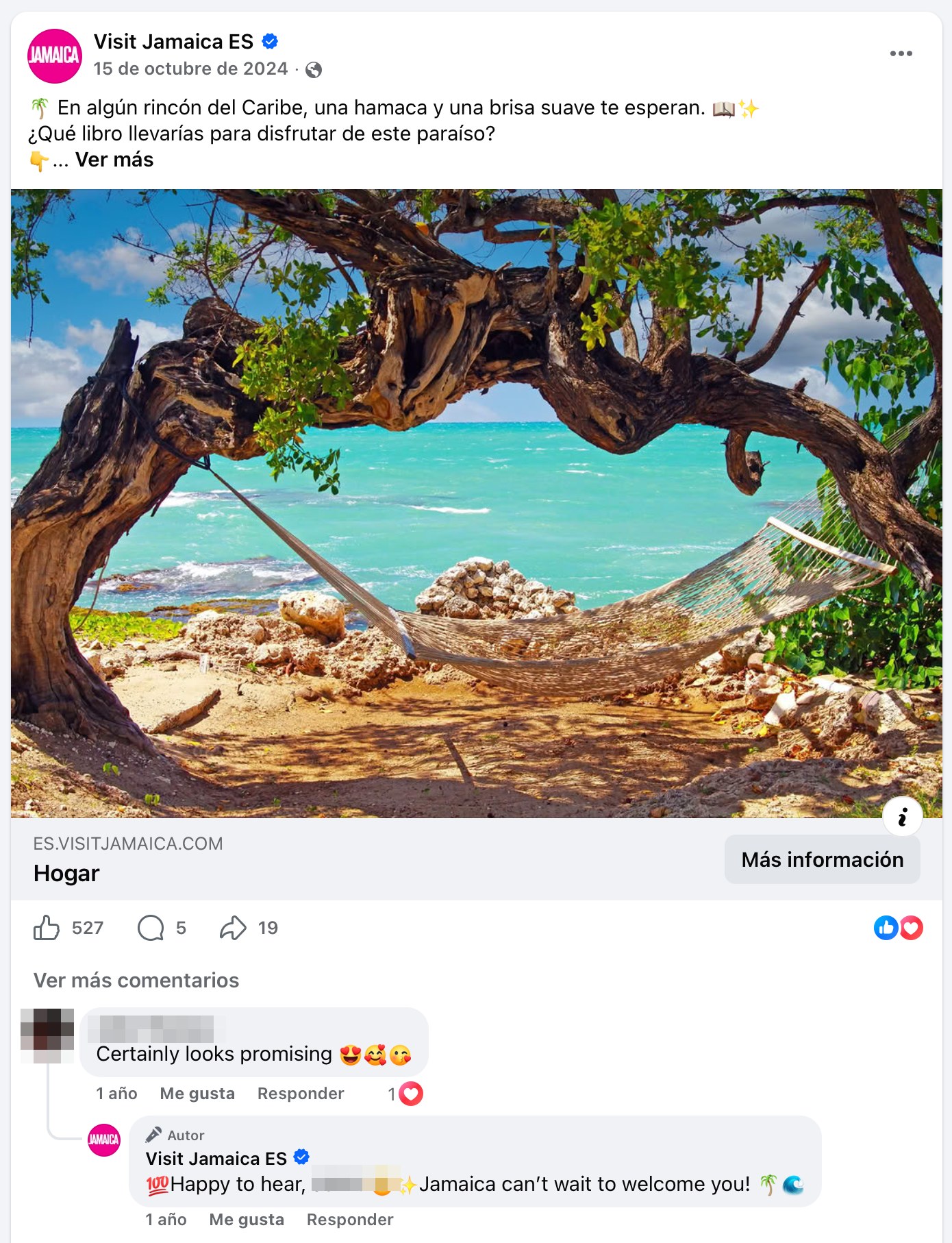 Visit Jamaica ES post — hammock under a seagrape tree